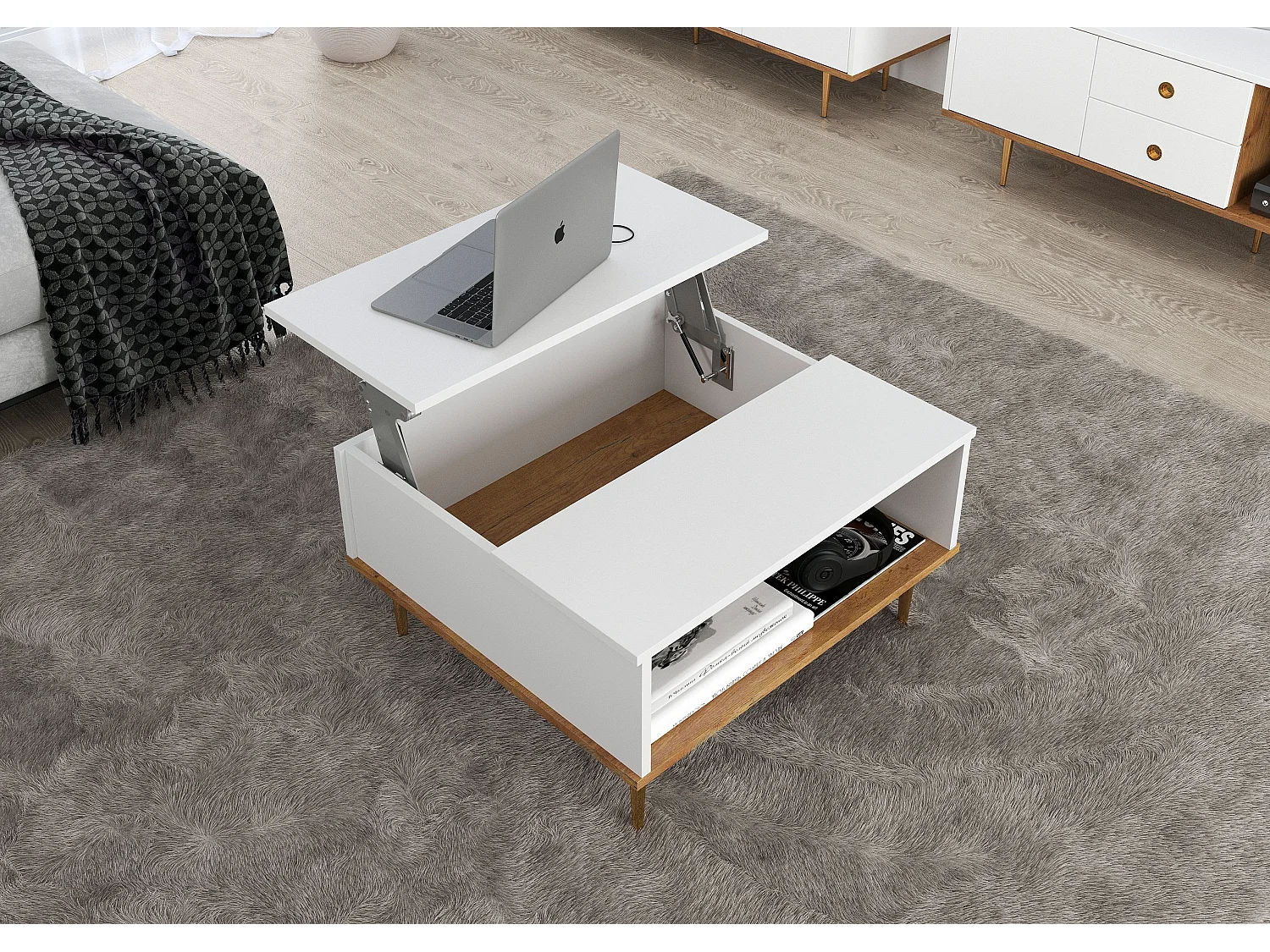 Biały stolik kawowy Skandica HARMONI z otwieranym blatem