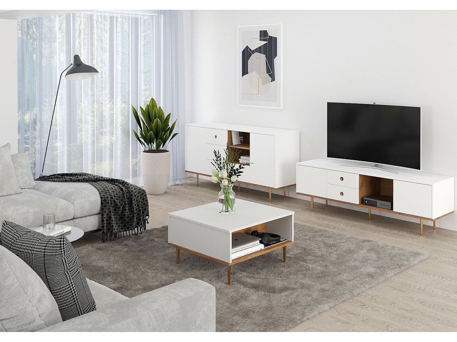 Biały stolik kawowy Skandica HARMONI z otwieranym blatem