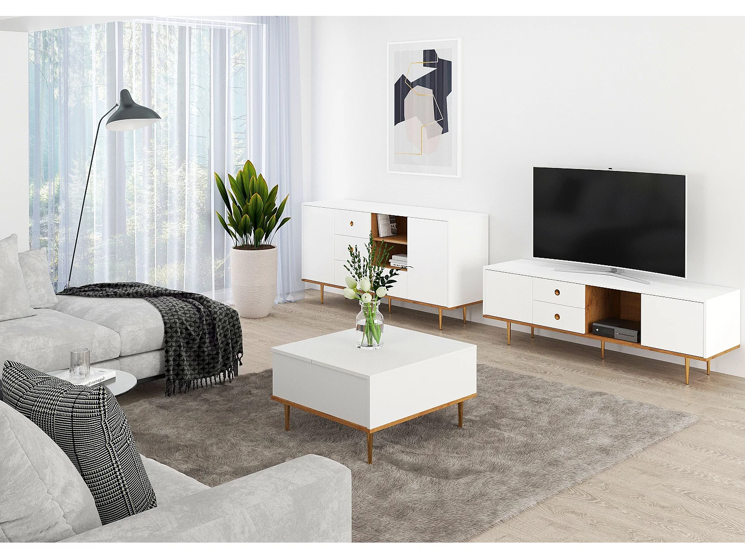 Biały stolik kawowy Skandica HARMONI z otwieranym blatem