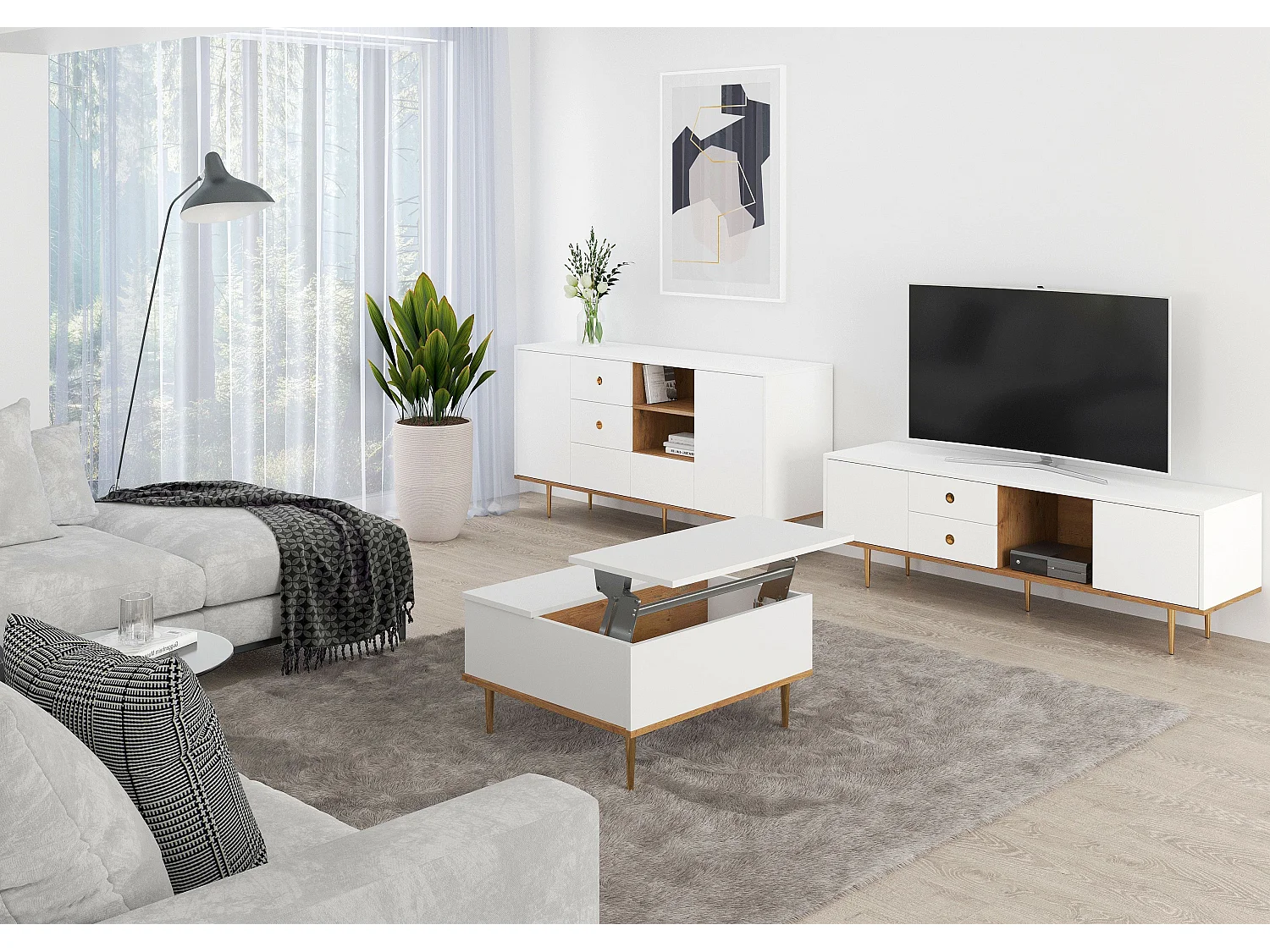 Biały stolik kawowy Skandica HARMONI z otwieranym blatem