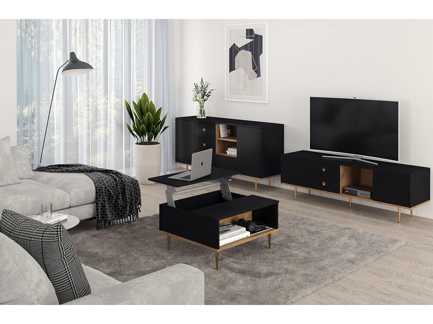 Czarny stolik kawowy Skandica HARMONI z otwieranym blatem