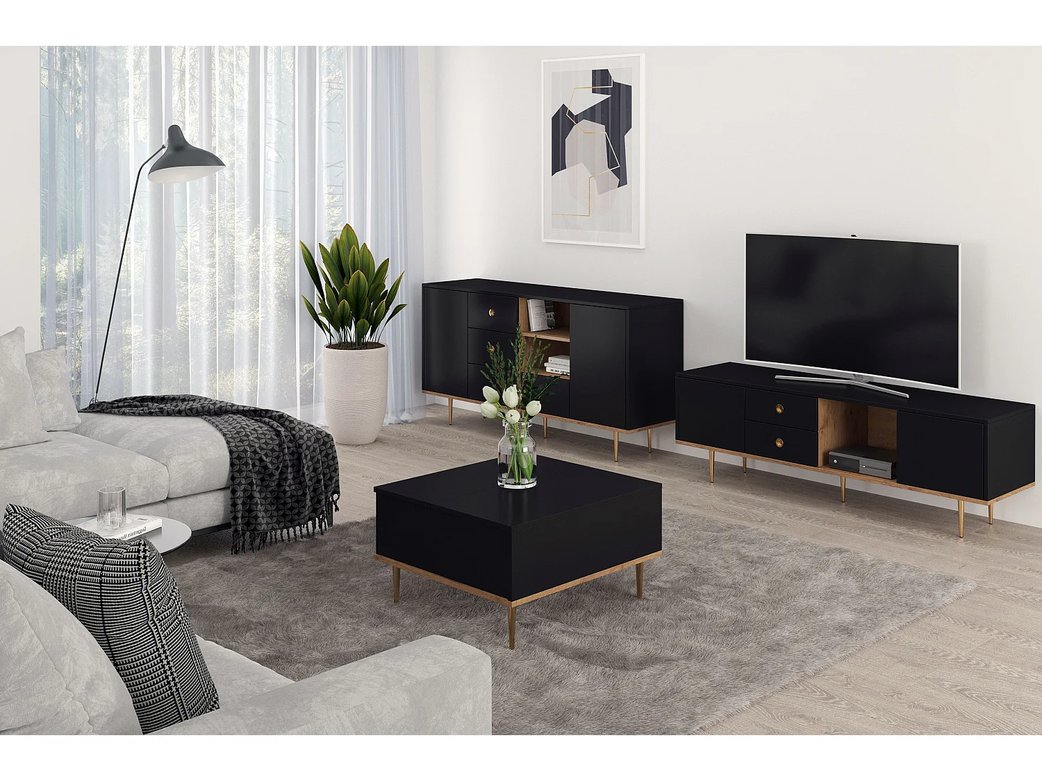 Czarny stolik kawowy Skandica HARMONI z otwieranym blatem