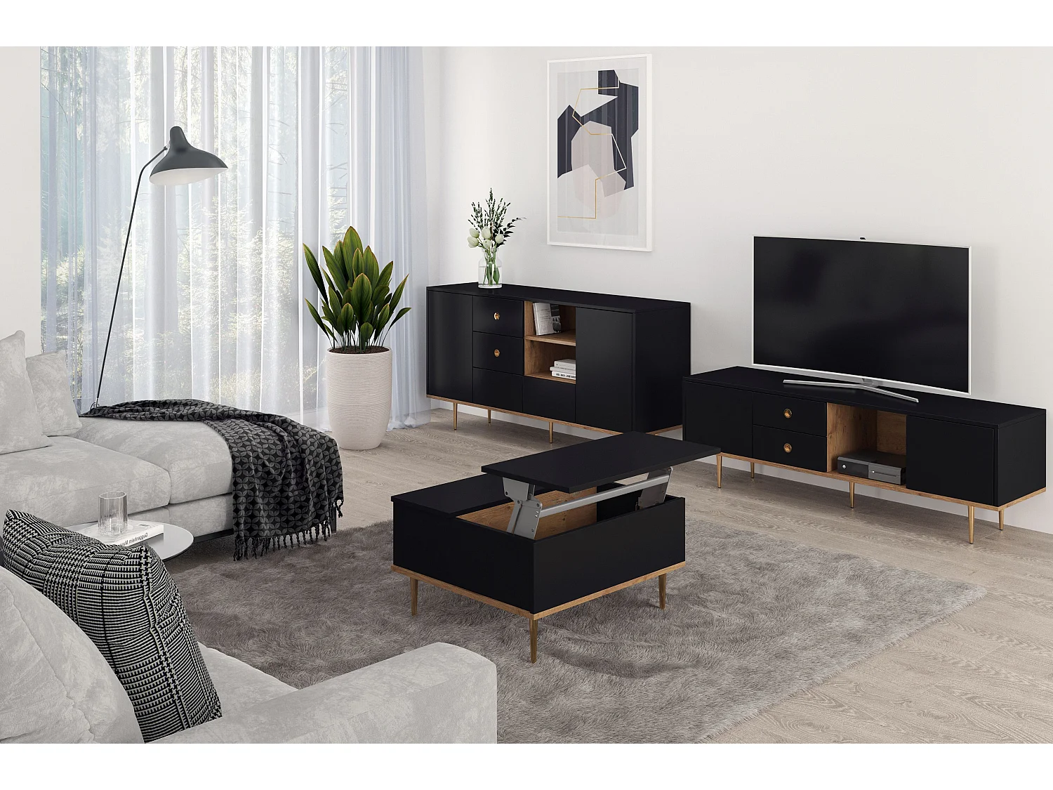 Czarny stolik kawowy Skandica HARMONI z otwieranym blatem