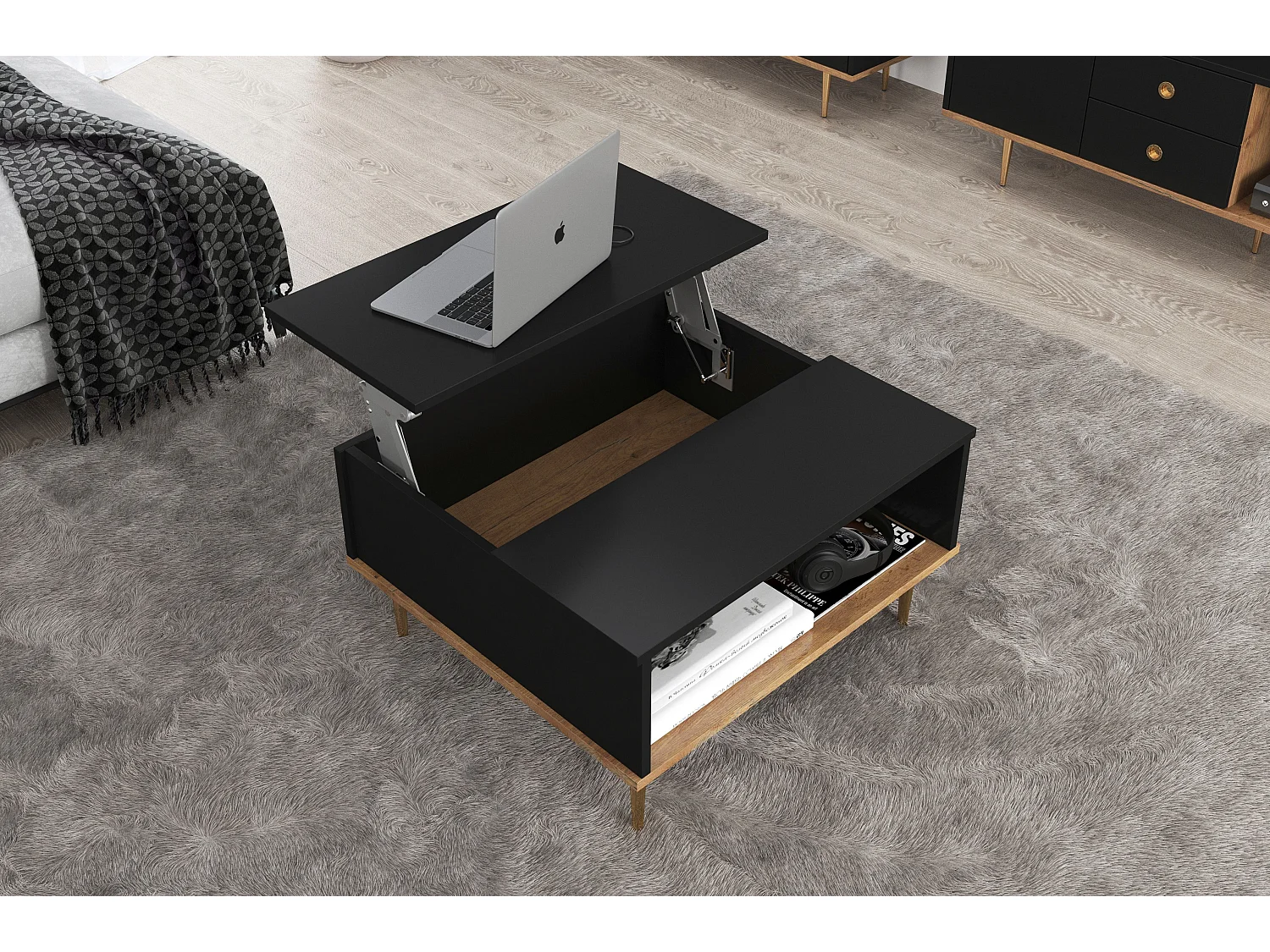 Couchtisch Harmoni, höhenverstellbarer, schwarz, goldenen details