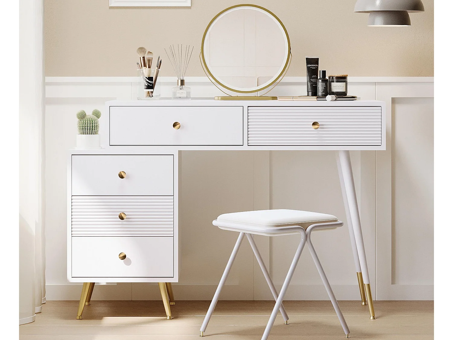 Schminktisch mit Spiegel und LED-Beleuchtung – 2 Schubladen und ein abnehmbarer Schrank – Weiß (Hocker nicht im Lieferumfang enthalten)