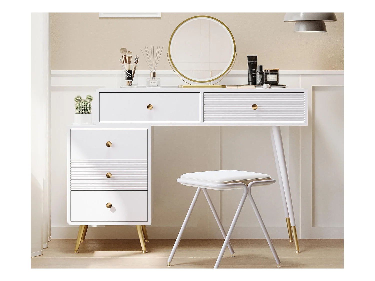 Coiffeuse avec miroir et éclairage LED - 2 tiroirs et une armoire amovible - Blanc (tabouret non inclus)