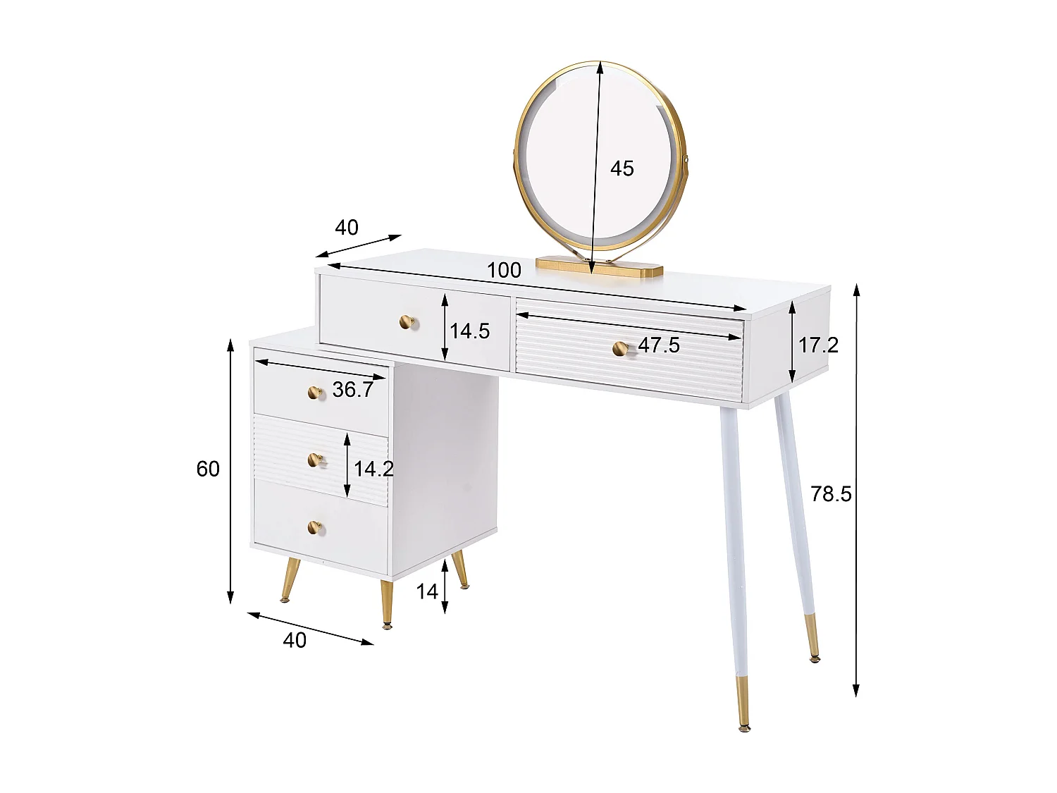Schminktisch mit Spiegel 100x40x78cm - mit LED-Beleuchtung - mit 5 Schubladen - tragbarer Desktop-Computer - Weiß (ohne Hocker)