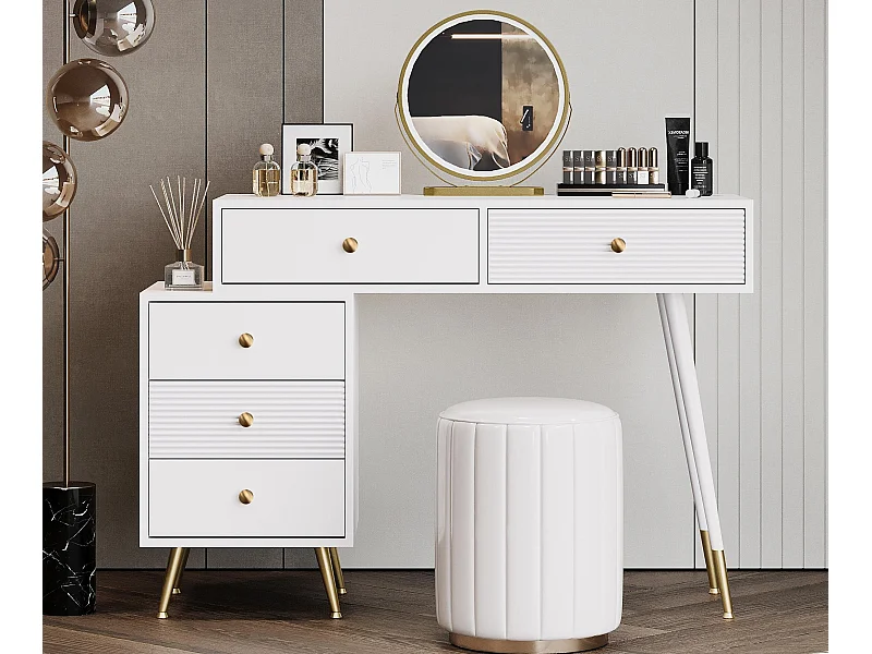 Coiffeuse avec miroir 100x40x78cm - avec éclairage LED - avec 5 tiroirs - ordinateur de bureau portable - Blanc（Sans tabouret）