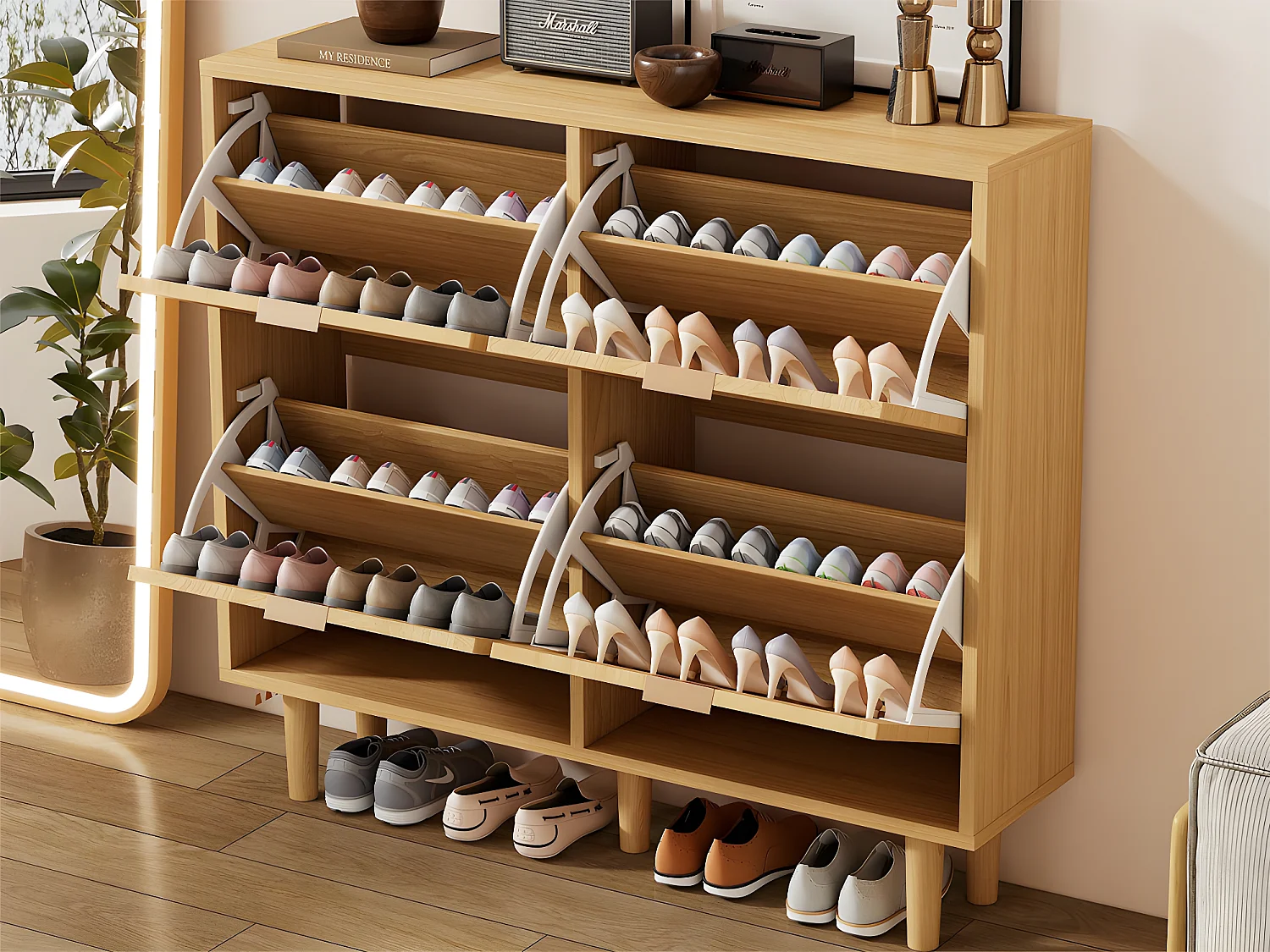 Schuhschrank aus Holz und Rattan – 4 Klapptüren – Natur