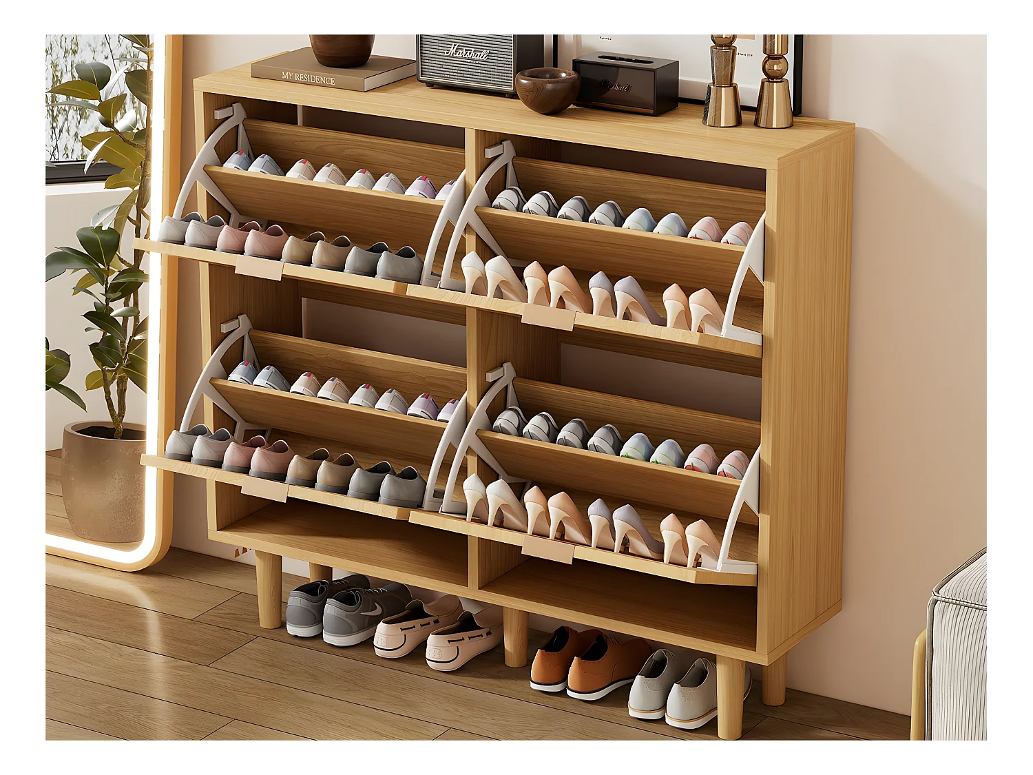 Meuble à chaussures en bois et rotin - 4 portes abattants - Naturel