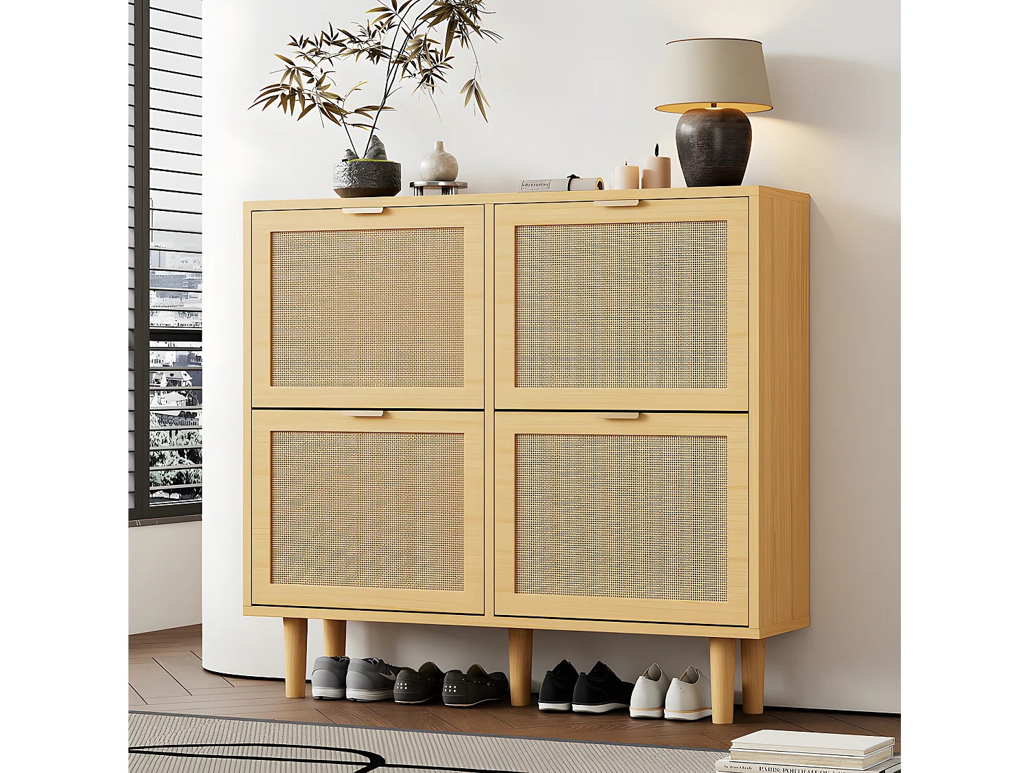 Meuble à chaussures en bois et rotin - 4 portes abattants - Naturel