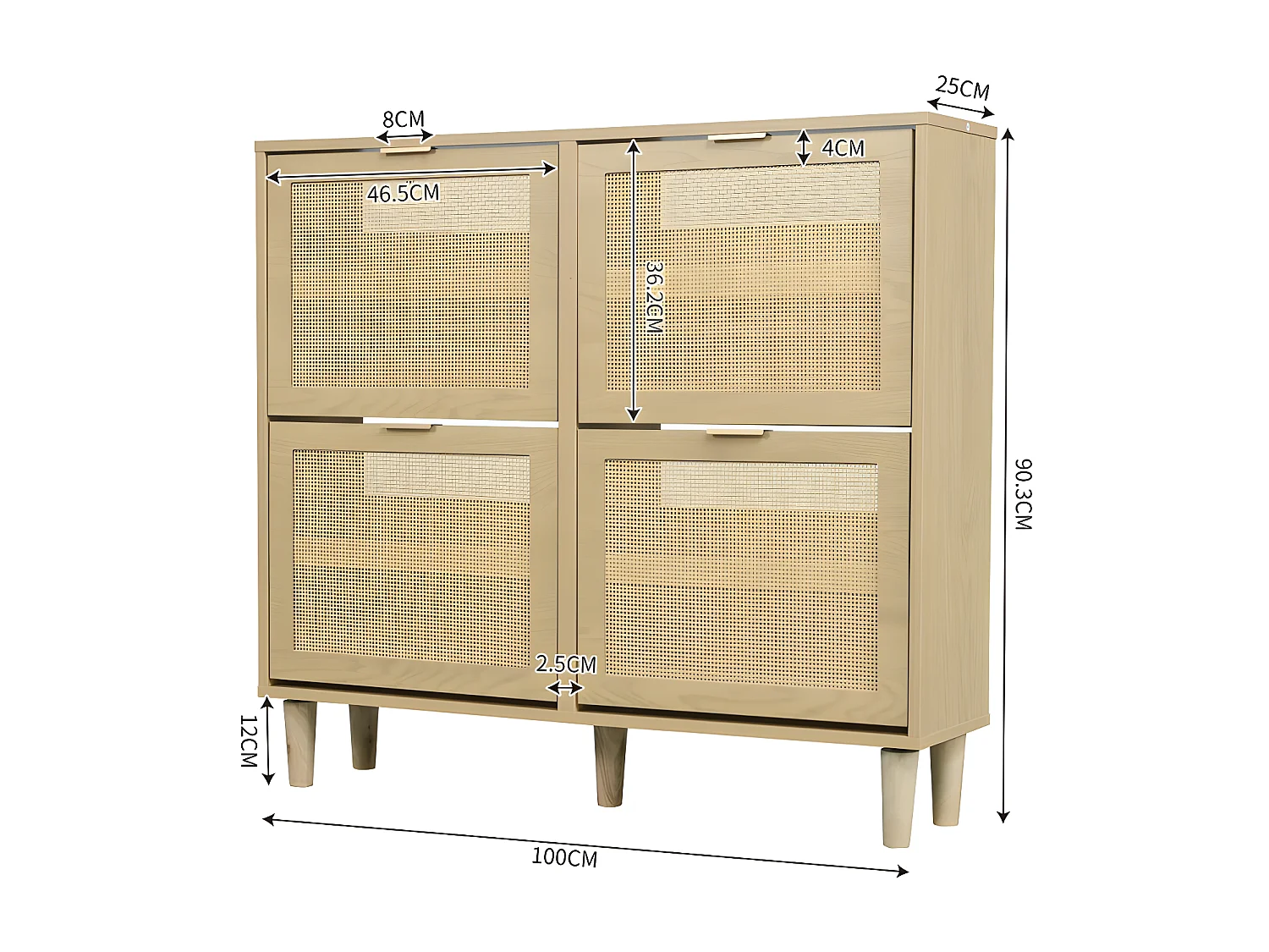 Meuble à chaussures en bois et rotin - 4 portes abattants - Naturel
