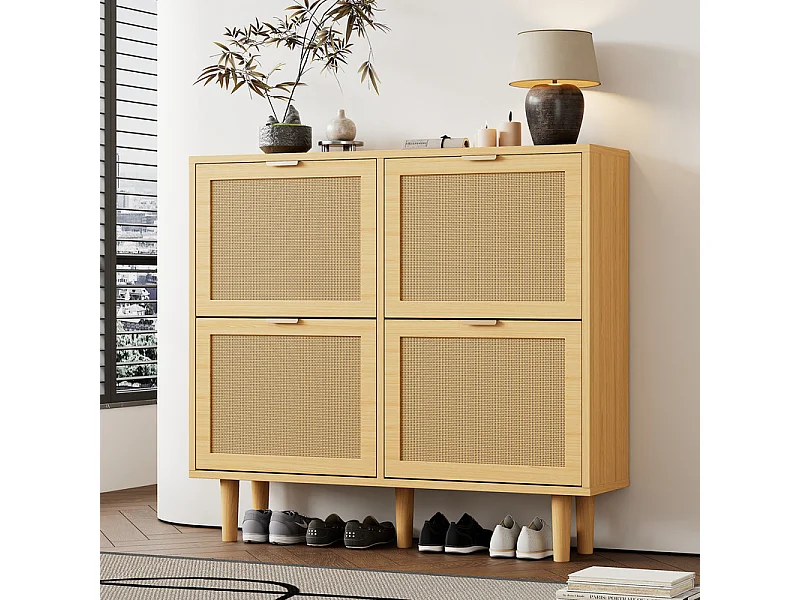 Meuble à chaussures en bois et rotin - 4 portes abattants - Naturel