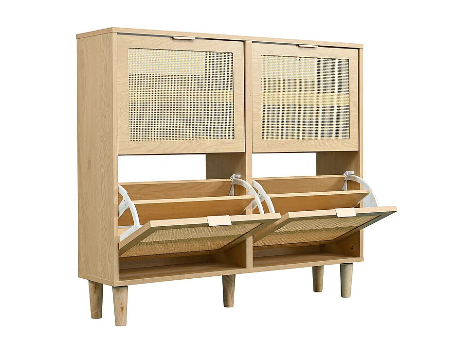 Meuble à chaussures en bois et rotin - 4 portes abattants - Naturel
