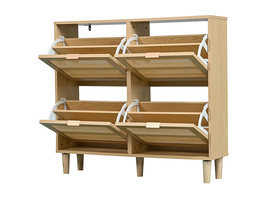 Meuble à chaussures en bois et rotin - 4 portes abattants - Naturel