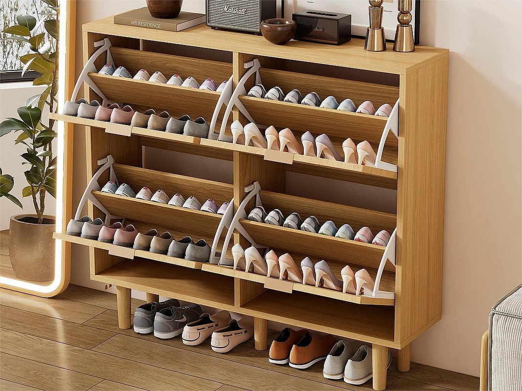 Meuble à chaussures en bois et rotin - 4 portes abattants - Naturel