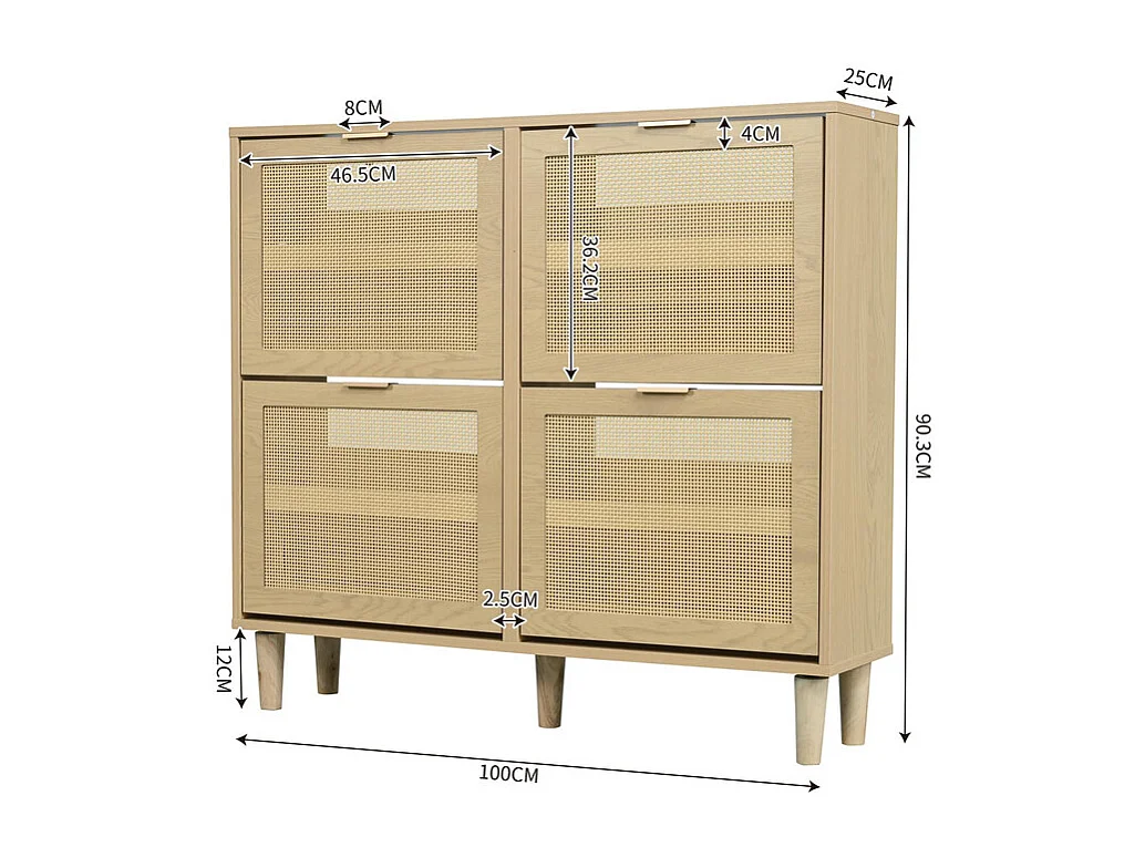 Meuble à chaussures en bois et rotin - 4 portes abattants - Naturel