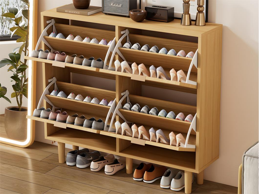 Zapatero de madera y ratán - 4 puertas abatibles - Natural