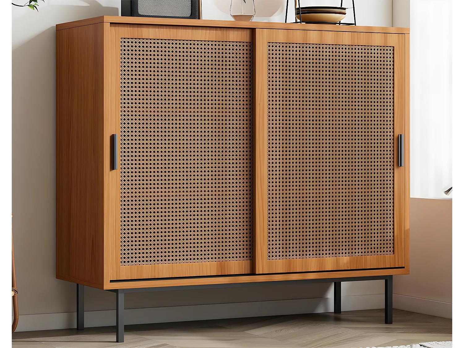 Buffet bas - avec 2 portes coulissantes et étagères réglables - Naturel