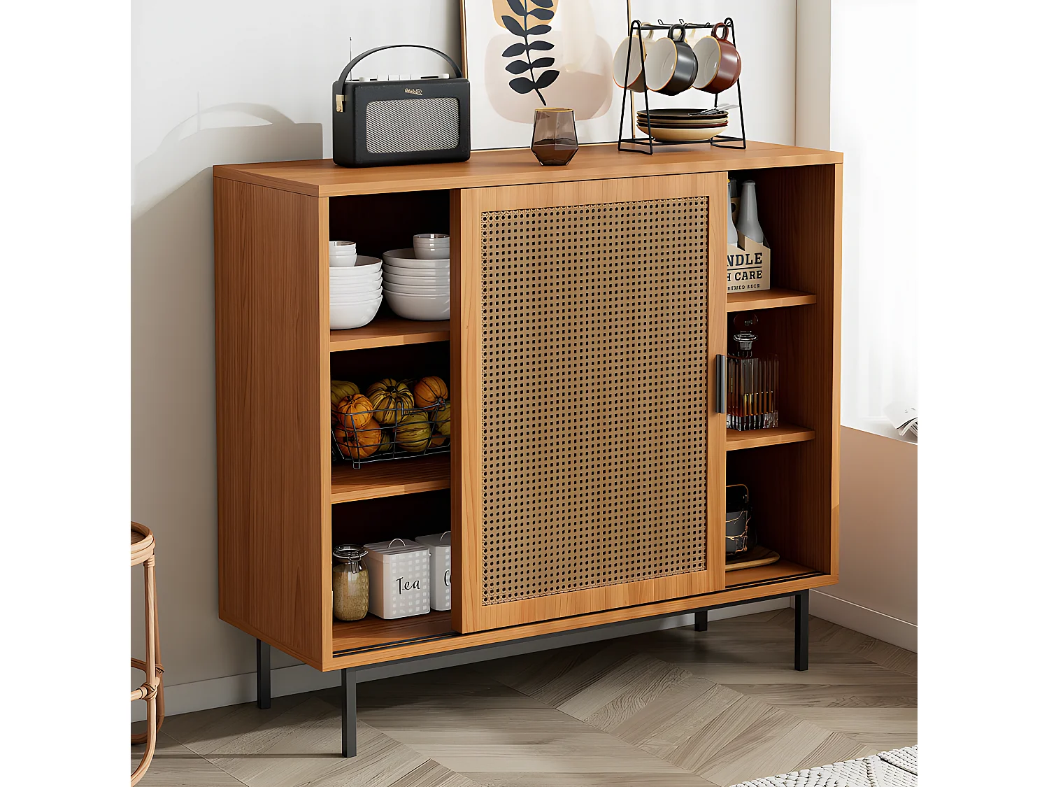 Buffet bas - avec 2 portes coulissantes et étagères réglables - Naturel