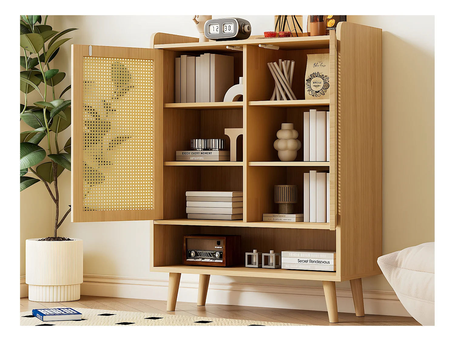 Buffet bas - avec 2 portes et 6 étagères - Naturel