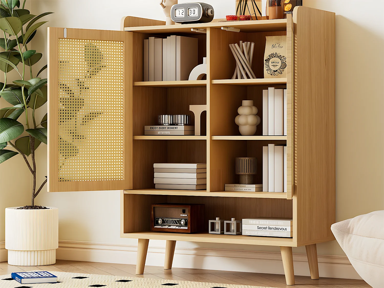 Niedriges Sideboard – mit 2 Türen und 6 Regalen – Natur