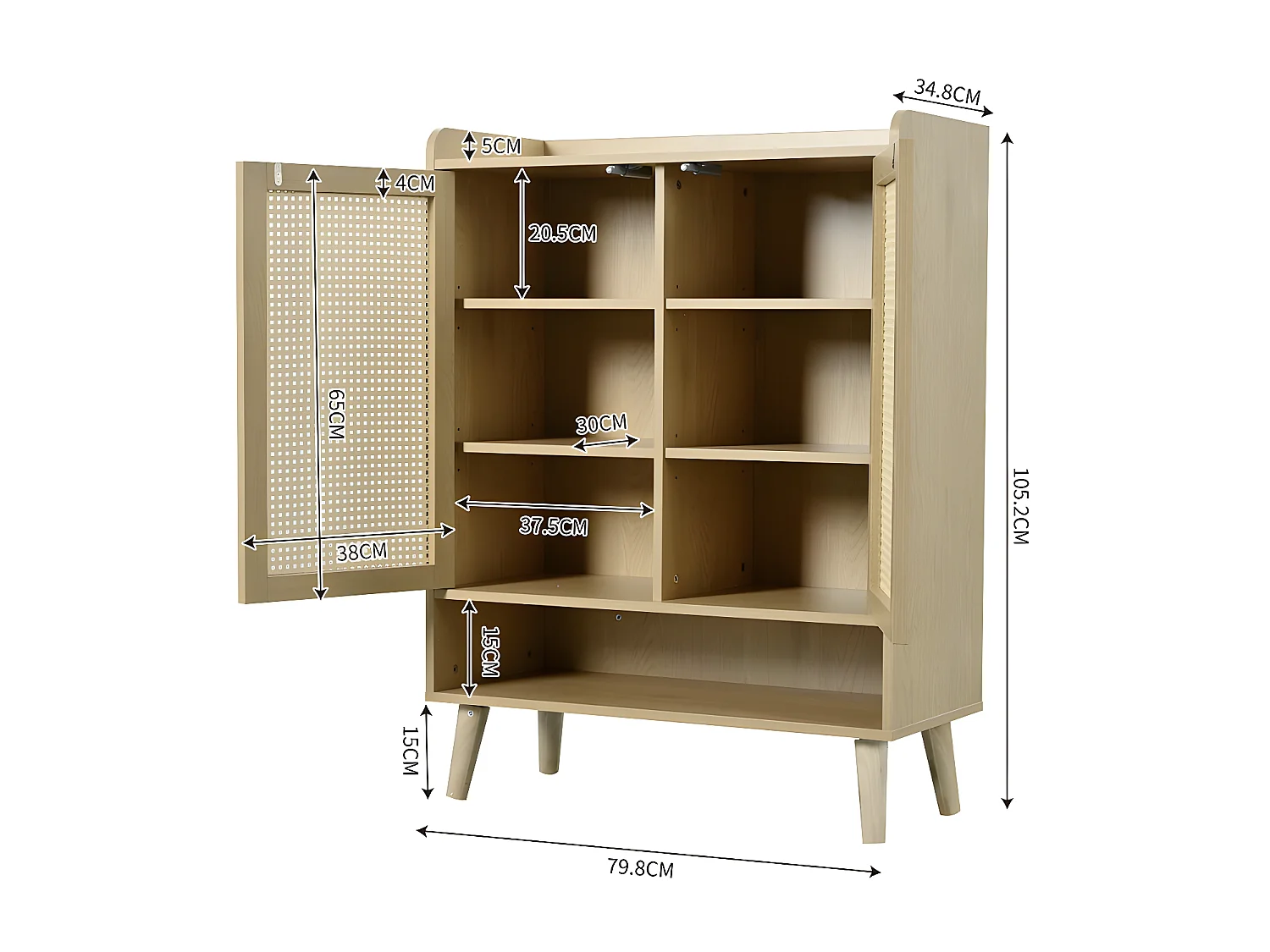 Niedriges Sideboard – mit 2 Türen und 6 Regalen – Natur