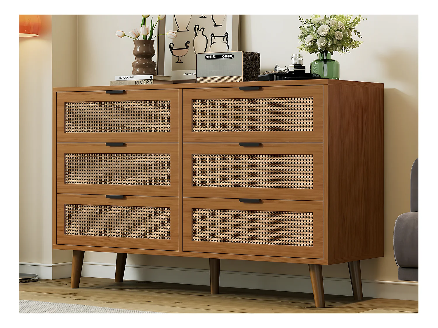Buffet bas - avec 6 tiroirs - Naturel foncé