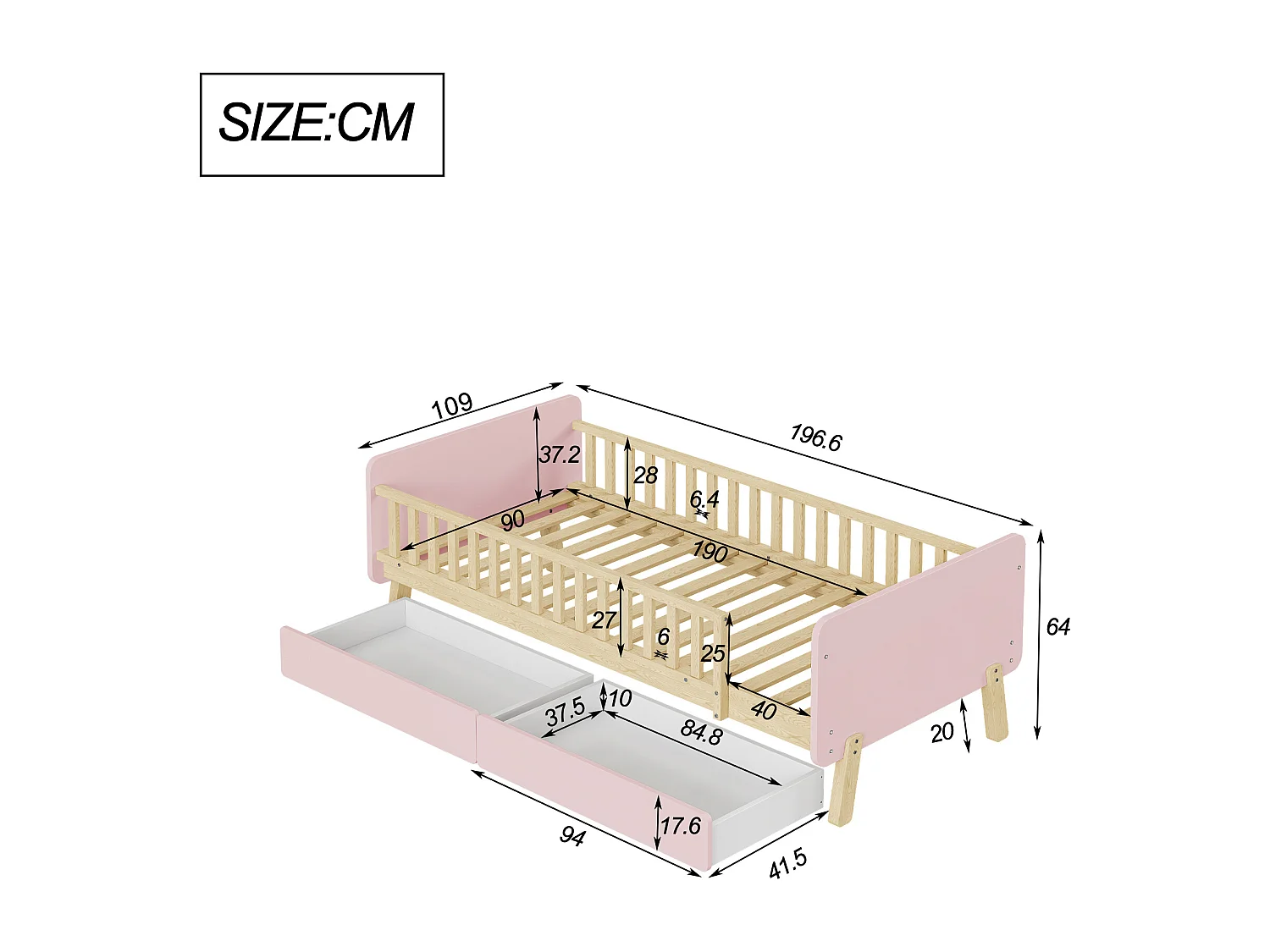 Cama infantil 90x190cm con 2 cajones - cama individual de madera maciza con somier - Rosa