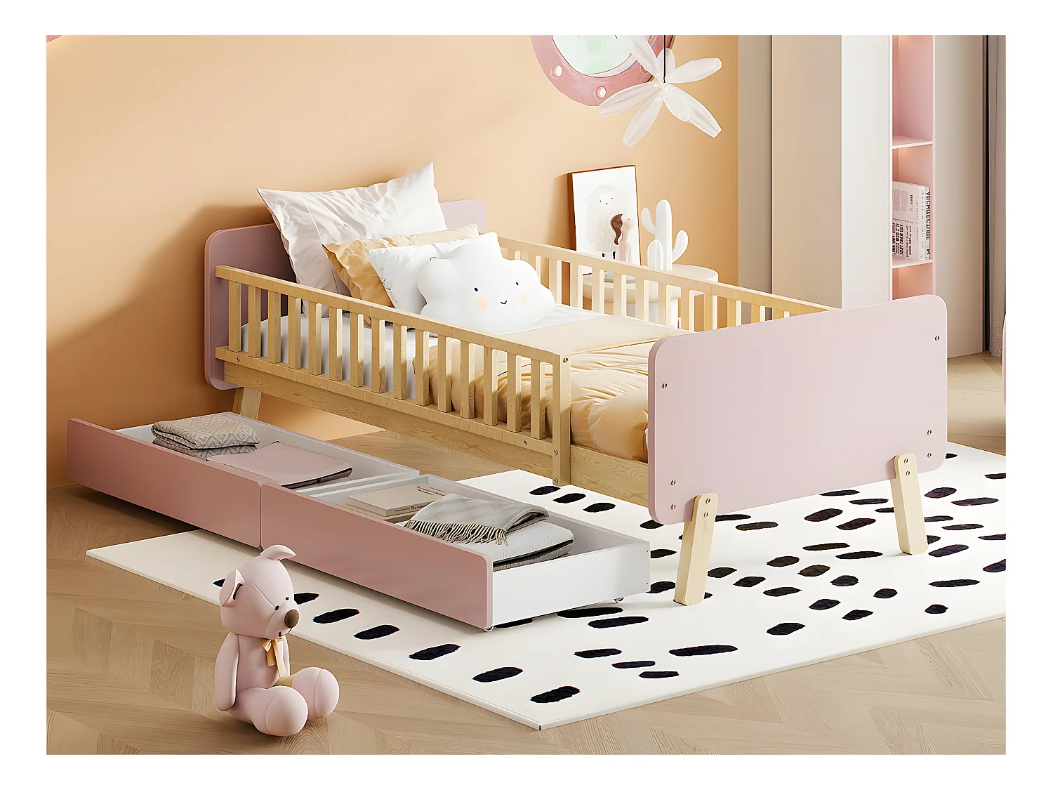 Lit enfant 90x190cm avec 2 tiroirs - lit simple en bois massif avec sommier à lattes - Rose