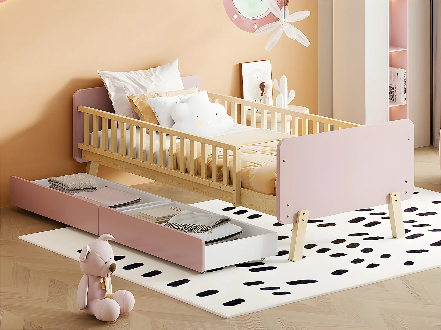 Lit enfant 90x190cm avec 2 tiroirs - lit simple en bois massif avec sommier à lattes - Rose