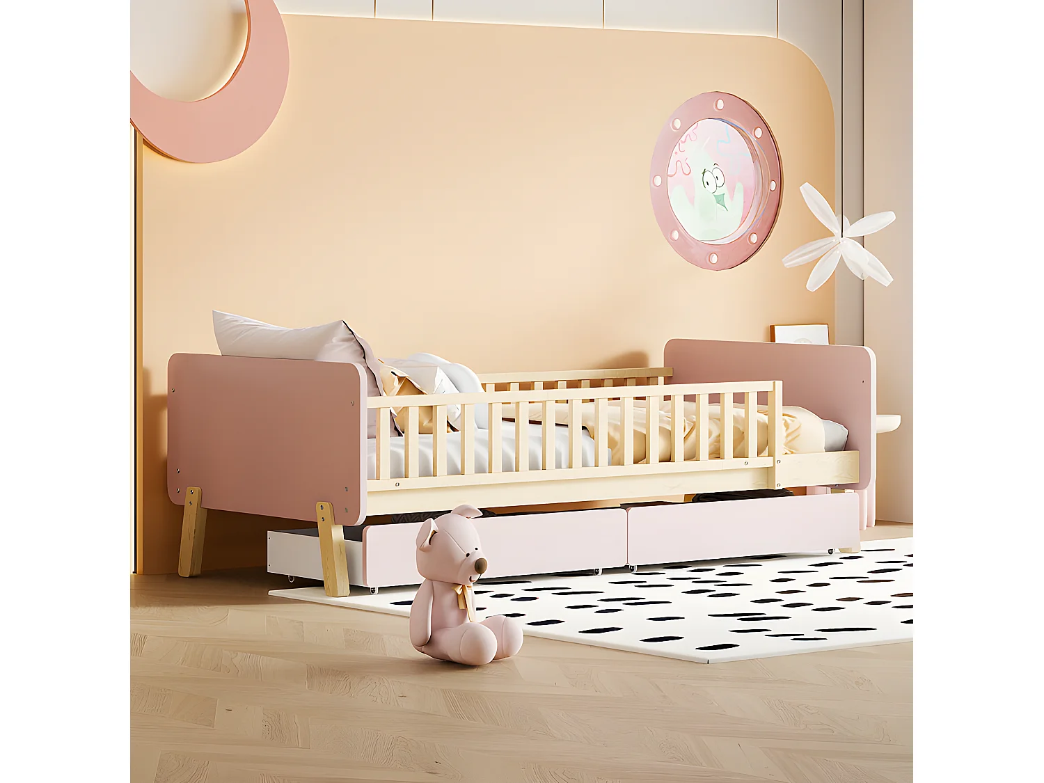 Lit enfant 90x190cm avec 2 tiroirs - lit simple en bois massif avec sommier à lattes - Rose