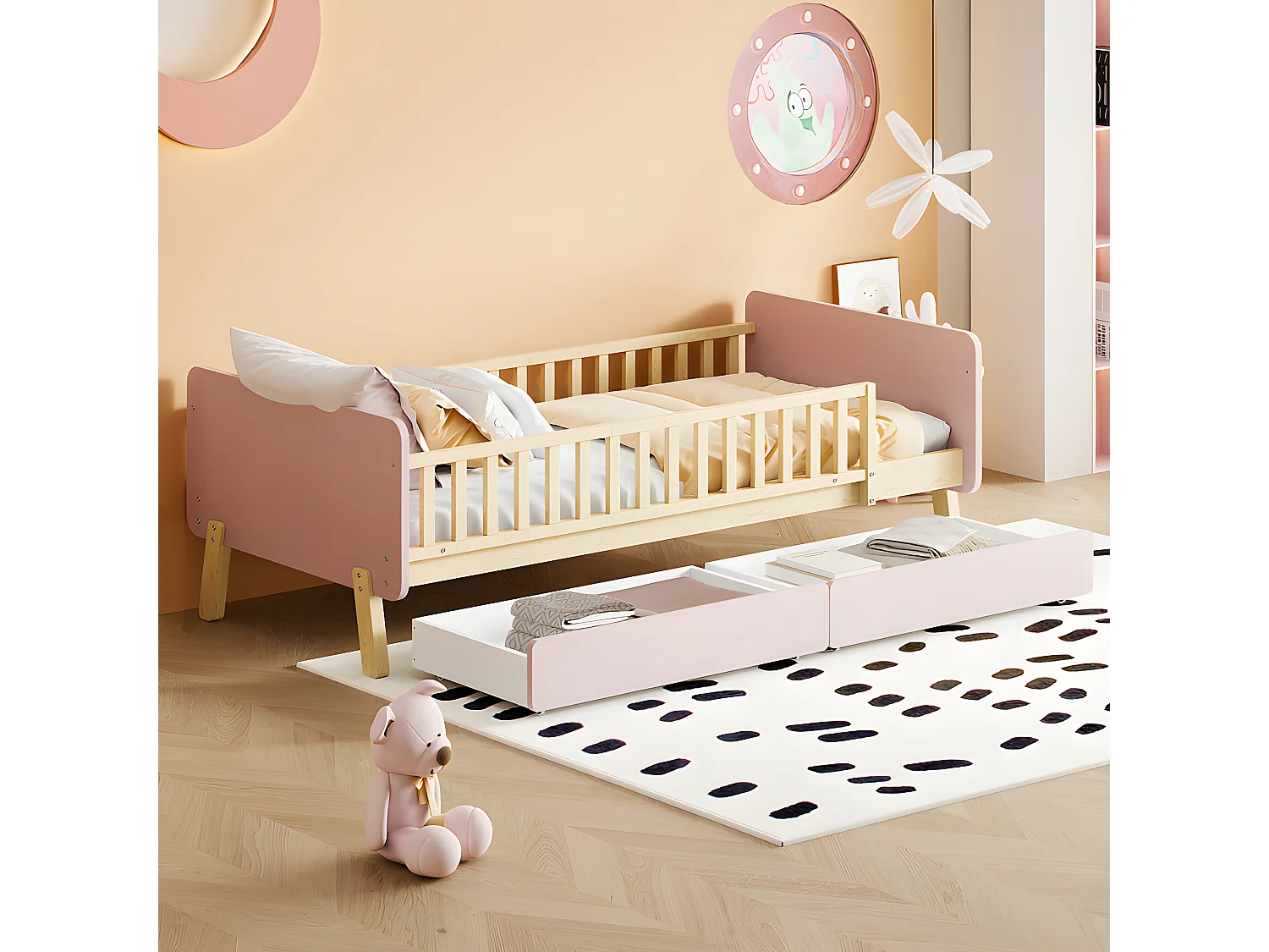 Lit enfant 90x190cm avec 2 tiroirs - lit simple en bois massif avec sommier à lattes - Rose