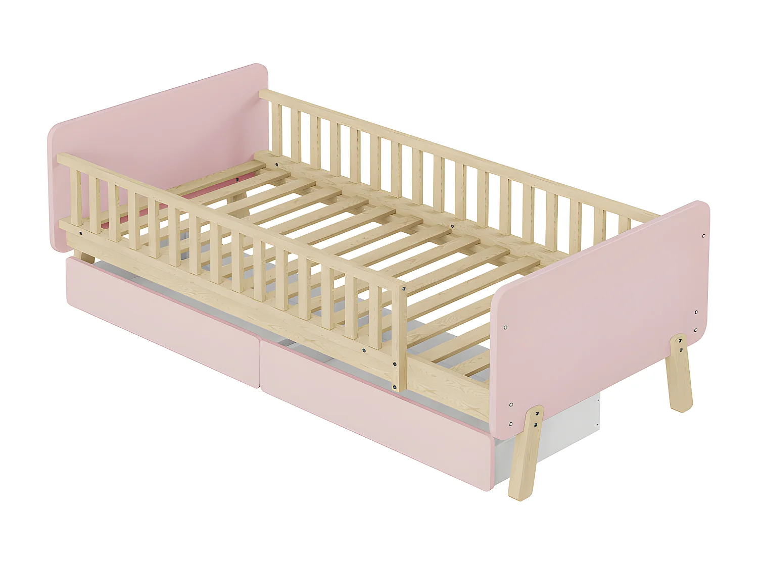 Lit enfant 90x190cm avec 2 tiroirs - lit simple en bois massif avec sommier à lattes - Rose