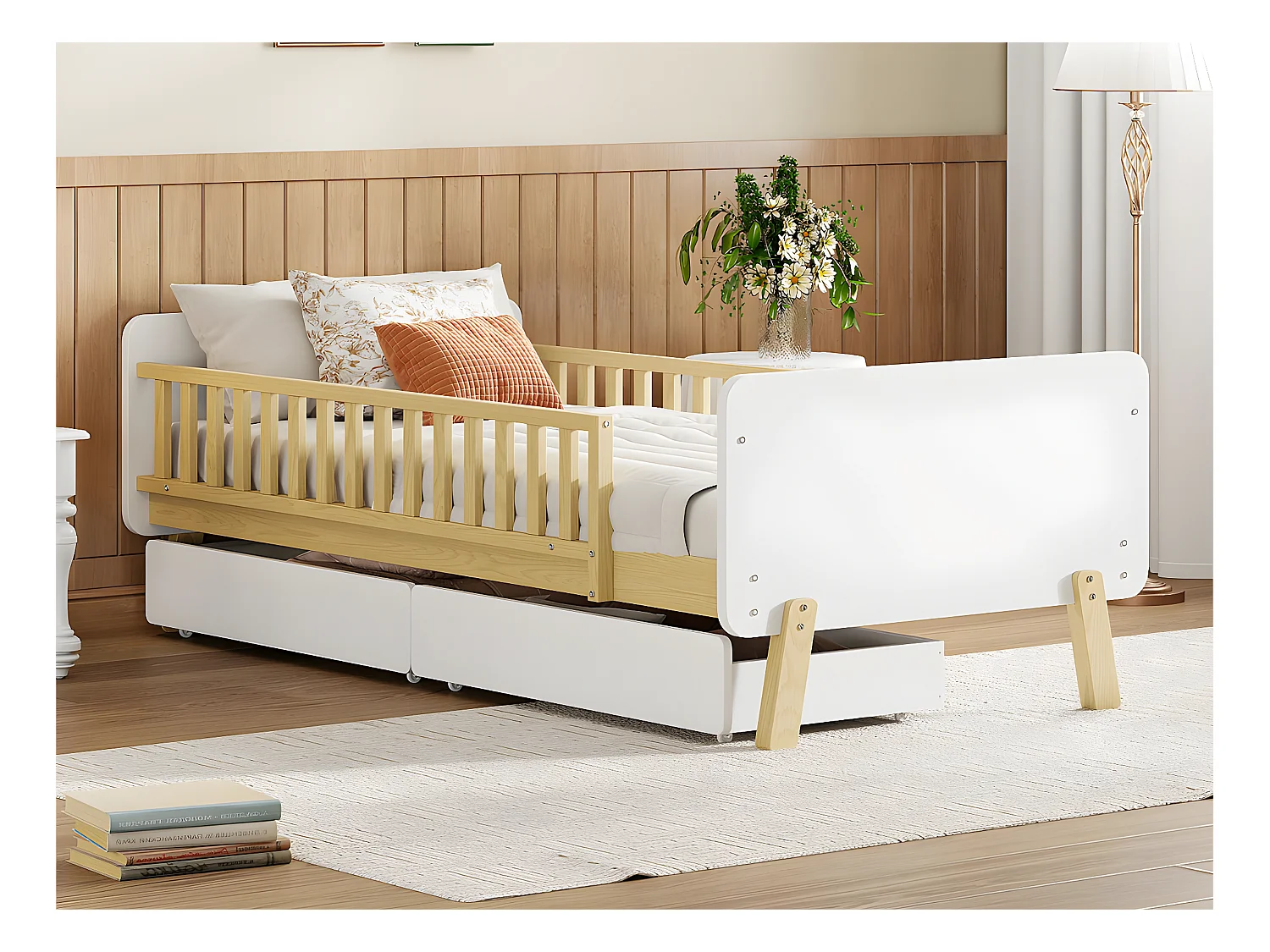 Lit enfant 90x190cm avec 2 tiroirs - lit simple en bois massif avec sommier à lattes - Blanc