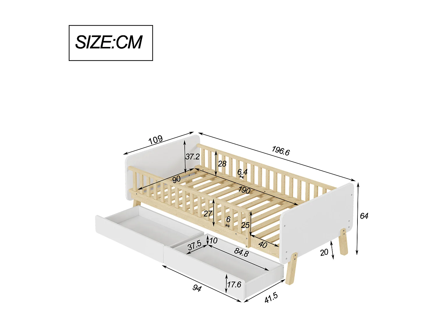 Kinderbed 90x190cm met 2 lades - massief houten eenpersoonsbed met lattenbodem - Wit