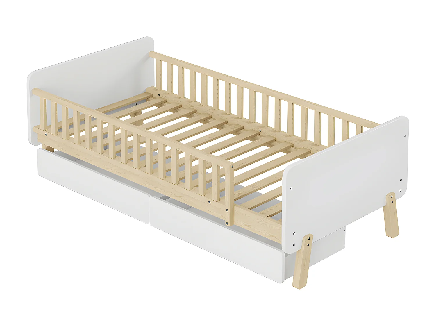 Kinderbed 90x190cm met 2 lades - massief houten eenpersoonsbed met lattenbodem - Wit