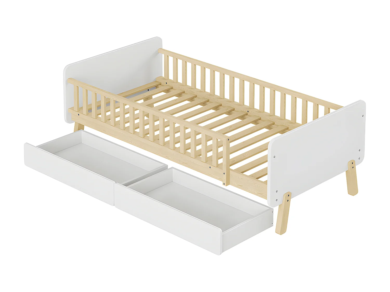 Kinderbed 90x190cm met 2 lades - massief houten eenpersoonsbed met lattenbodem - Wit