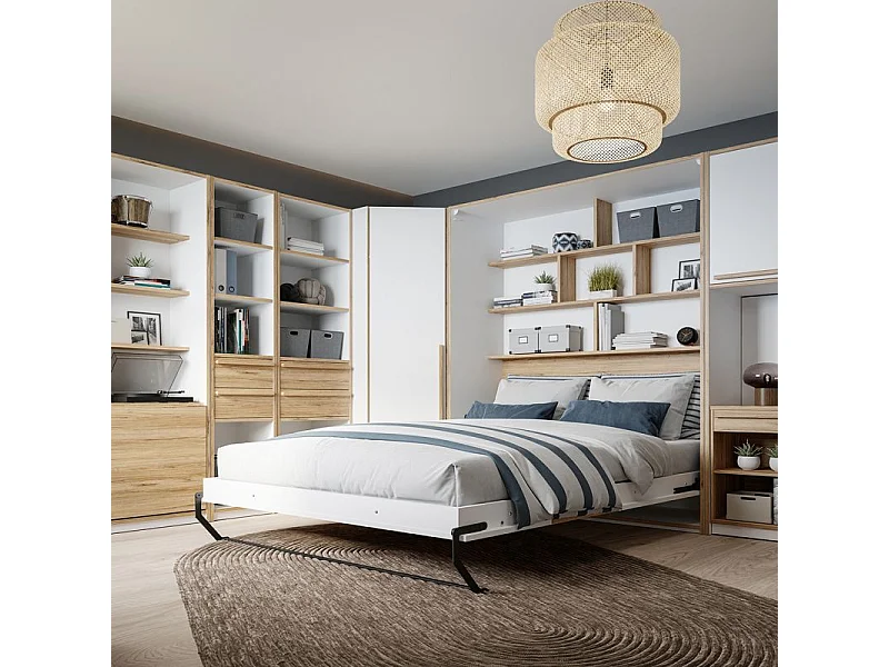 Lit escamotable 160x200 cm décor blanc et chêne poignée métal - CONAN