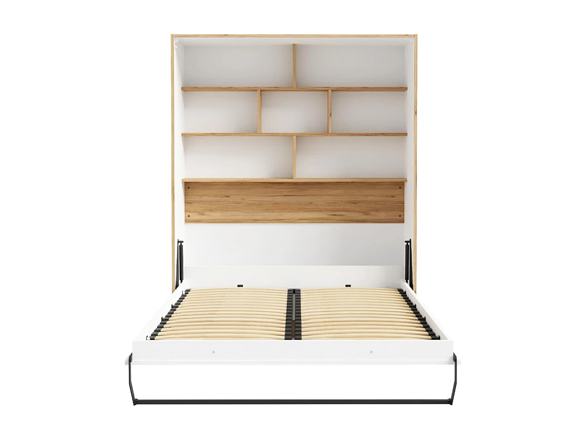 Lit escamotable 160x200 cm décor blanc et chêne poignée métal - CONAN