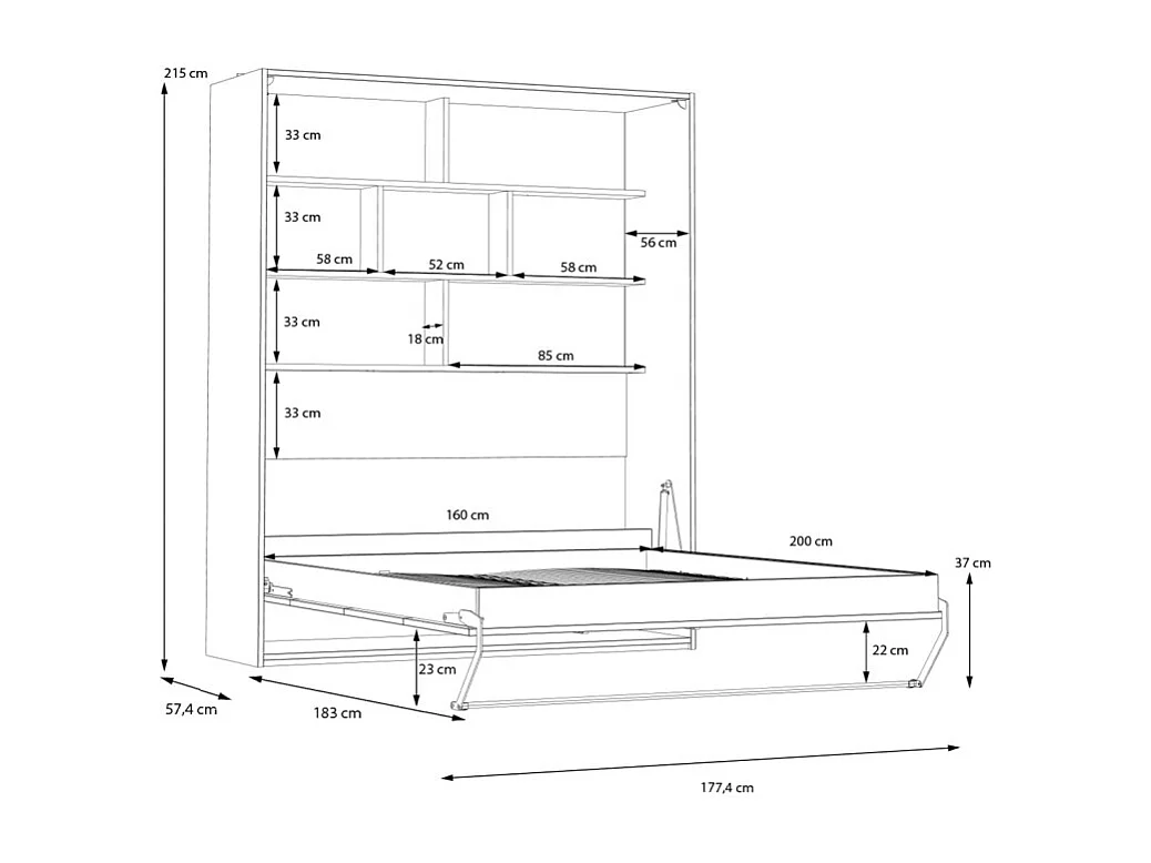 Lit escamotable 160x200 cm décor blanc et chêne poignée métal - CONAN