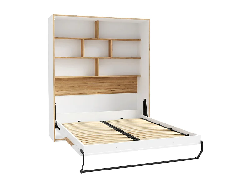 Lit escamotable 160x200 cm décor blanc et chêne poignée métal - CONAN