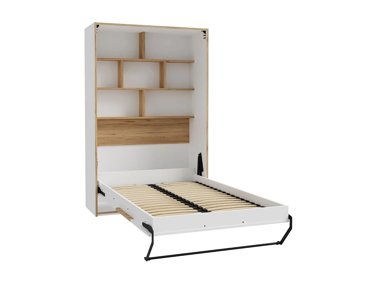 Lit escamotable 120x200 cm décor blanc et chêne poignée métal - CONAN