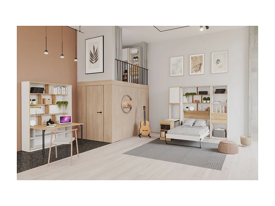 Lit escamotable 120x200 cm décor blanc et chêne poignée métal - CONAN