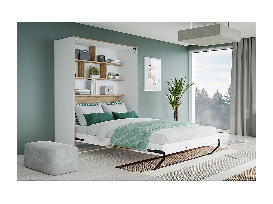 Lit escamotable 140x200 cm décor blanc et chêne poignée métal - CONAN