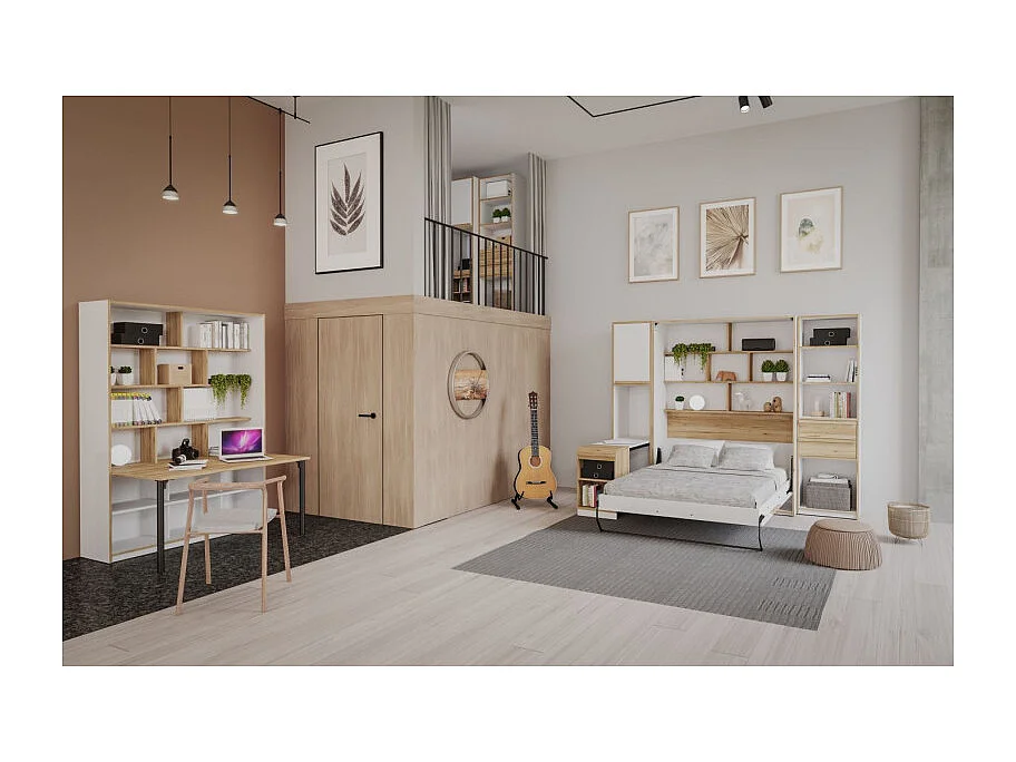 Lit escamotable 140x200 cm décor blanc et chêne poignée métal - CONAN