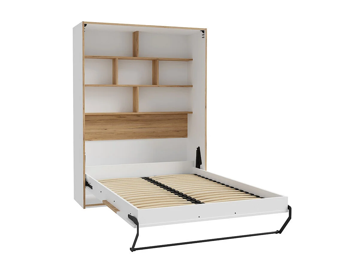 Lit escamotable 140x200 cm décor blanc et chêne poignée métal - CONAN