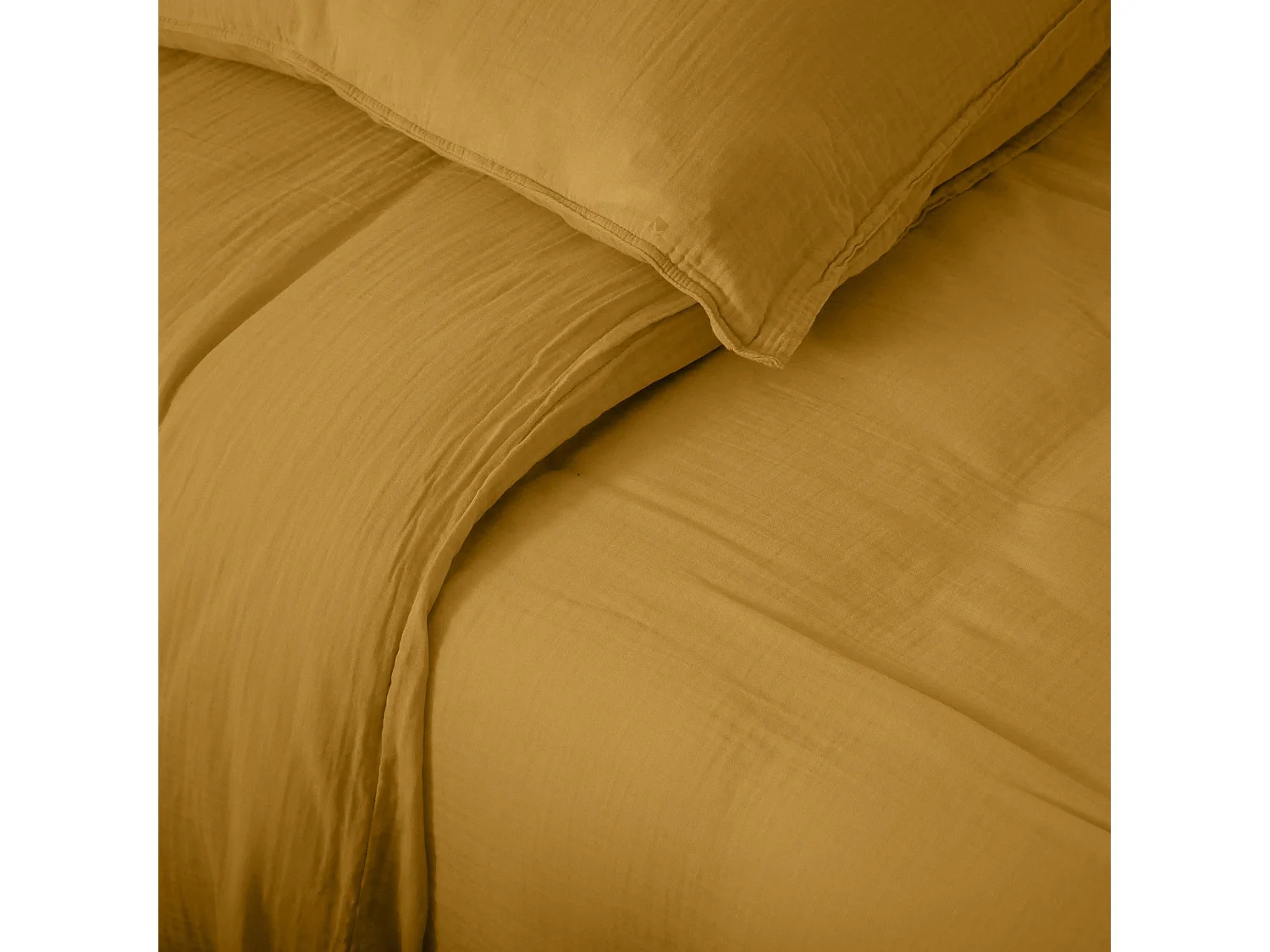 Parure de lit 3 pièces 260x240 cm et 65x65 cm mousseline de coton MILOS jaune curry