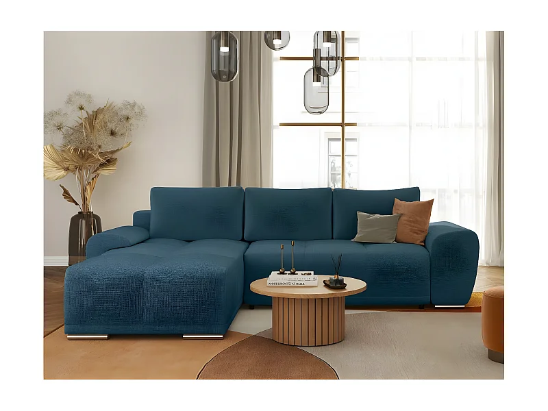 Canapé d'angle gauche 4 places convertible Cassandra avec coffre en tissu - Bleu foncé - L270 x P181 x H89cm - Loungitude