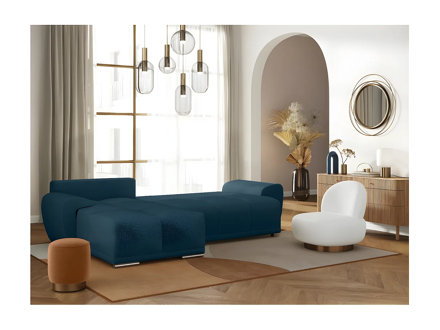 Canapé d'angle gauche 4 places convertible Cassandra avec coffre en tissu - Bleu foncé - L270 x P181 x H89cm - Loungitude